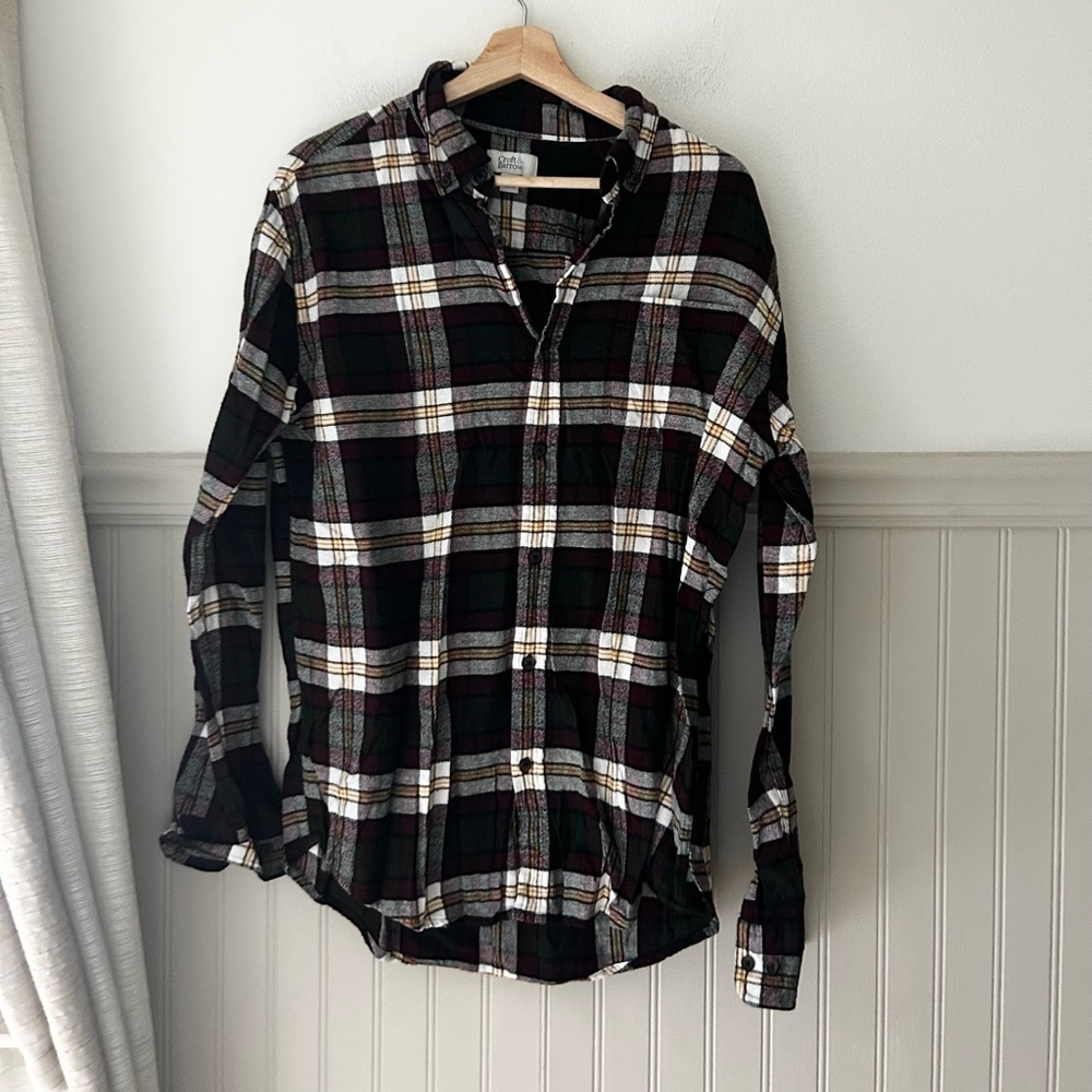 Croft & Barrow Medium Maroon Green Yellow White Plaid Cotton Button Down Shirt